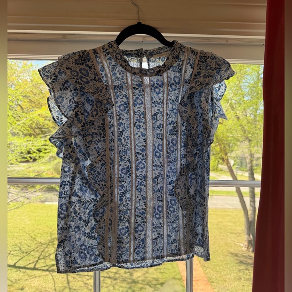 Veronica Beard White and Blue Floral print Mock neck Ruffle Blouse - Picture 4 of 12